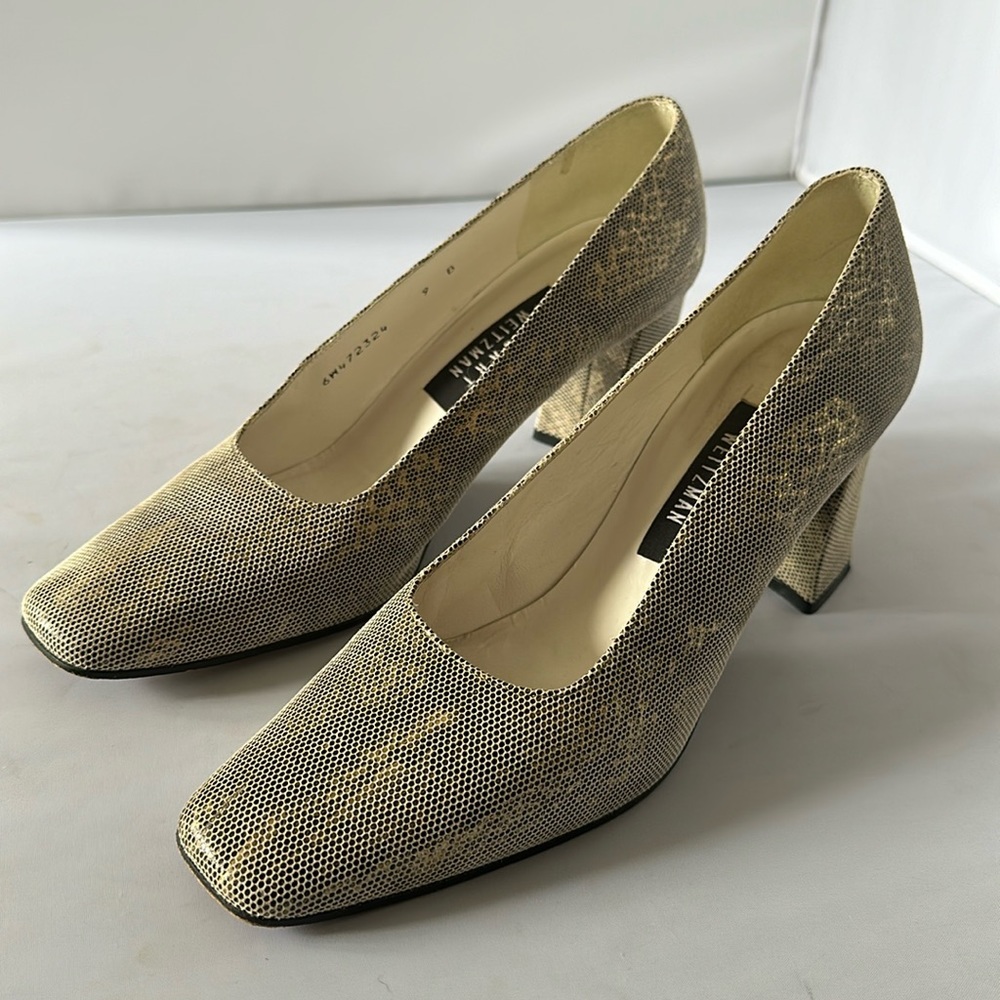 STUART WEITZMAN: Vintage 90s Champagne Faux Snakeskin Chunky Heels Size 9 (EEEE) - Picture 2 of 9